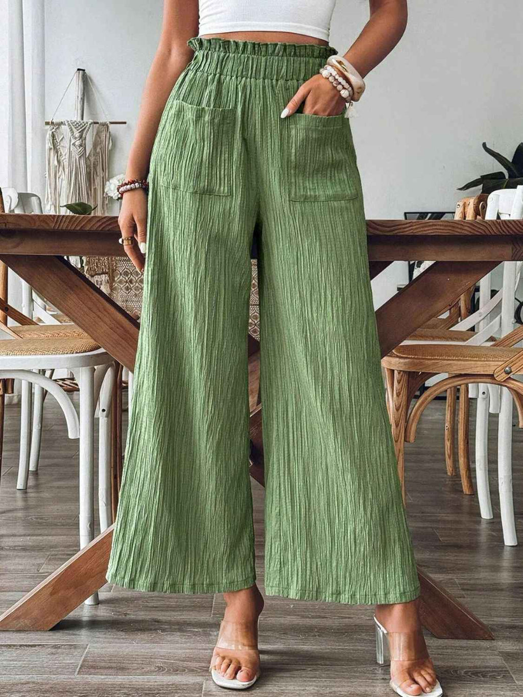 Pocketed Elastic Waist Wide Leg Pants by Wild and Free Boutique