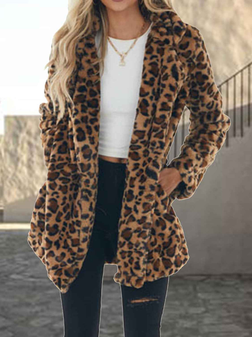 Leopard Collared Neck Coat with Pockets by Wild and Free Boutique