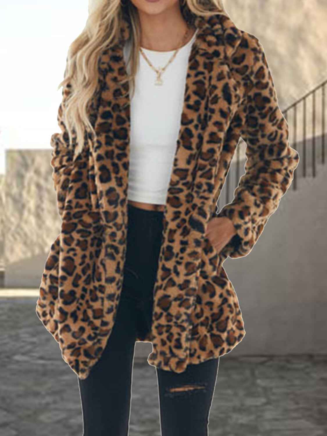 Leopard Collared Neck Coat with Pockets by Wild and Free Boutique