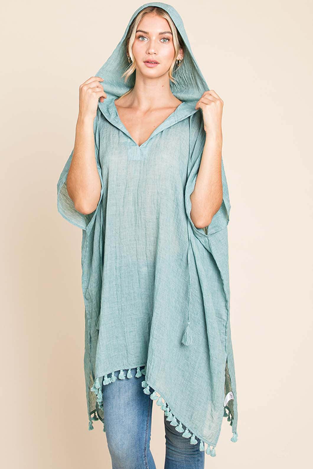 Cotton Bleu by Nu Label Tassel Hem Hooded Cover Up Dress by Selvanelle