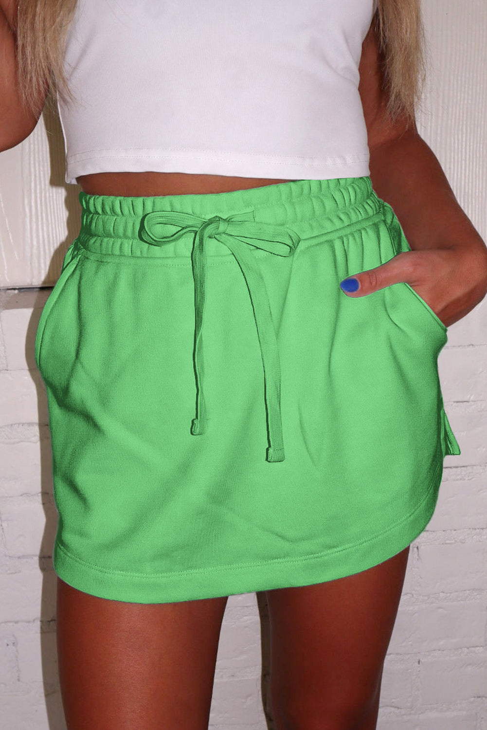 Black French Terry Drawstring Elastic Waistband Mini Skort with Pockets by Dear-Lover Dropshipping