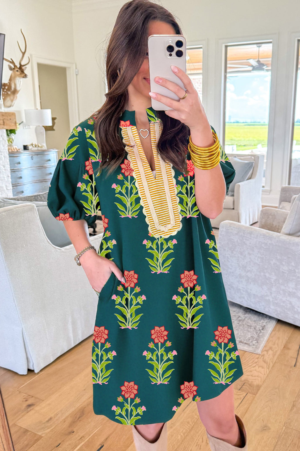 Green Floral Print Contrast Trim Striped Patchwork Short Sleeve Dress by Wild and Free Boutique