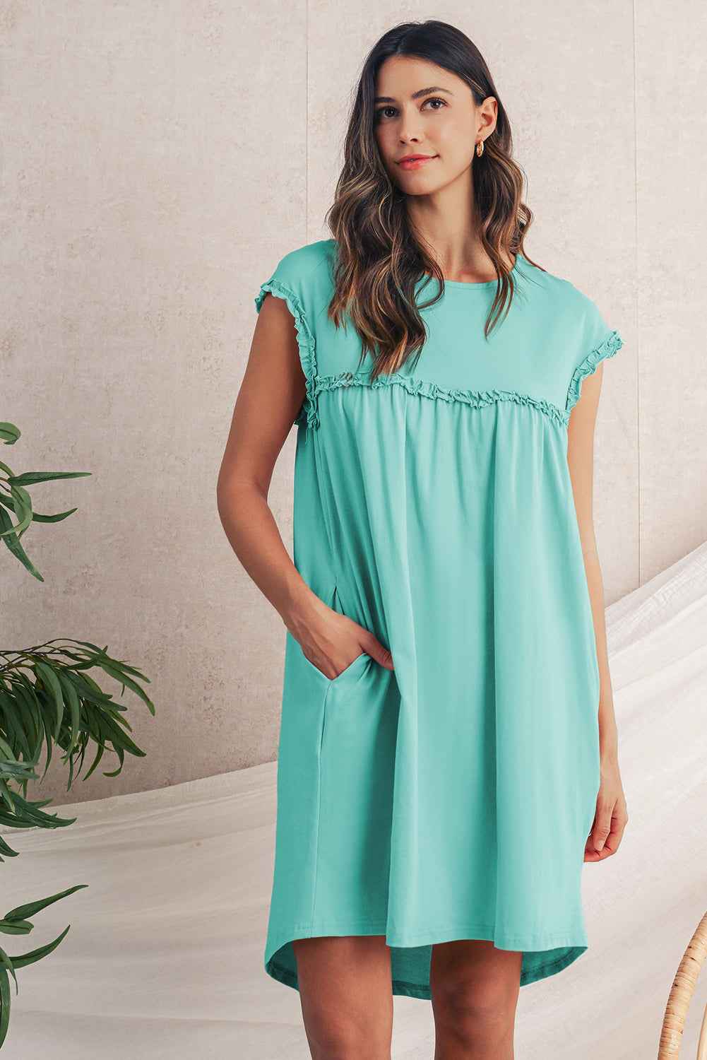 Mint Green Frilled Trim Crewneck Loose Fit Mini Dress by Wild and Free Boutique