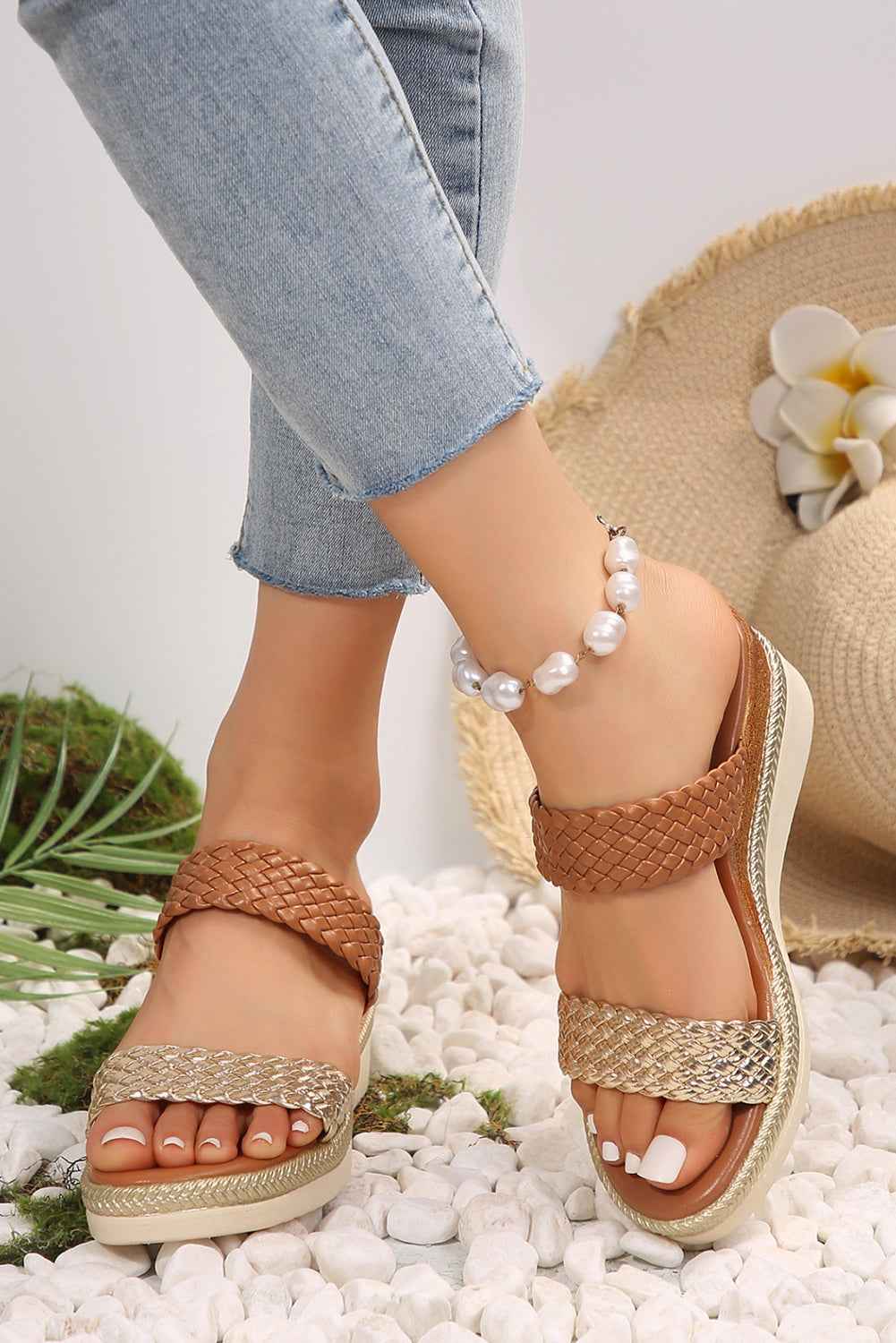Gold Woven Two Band Color Block Wedge Slippers by Wild and Free Boutique