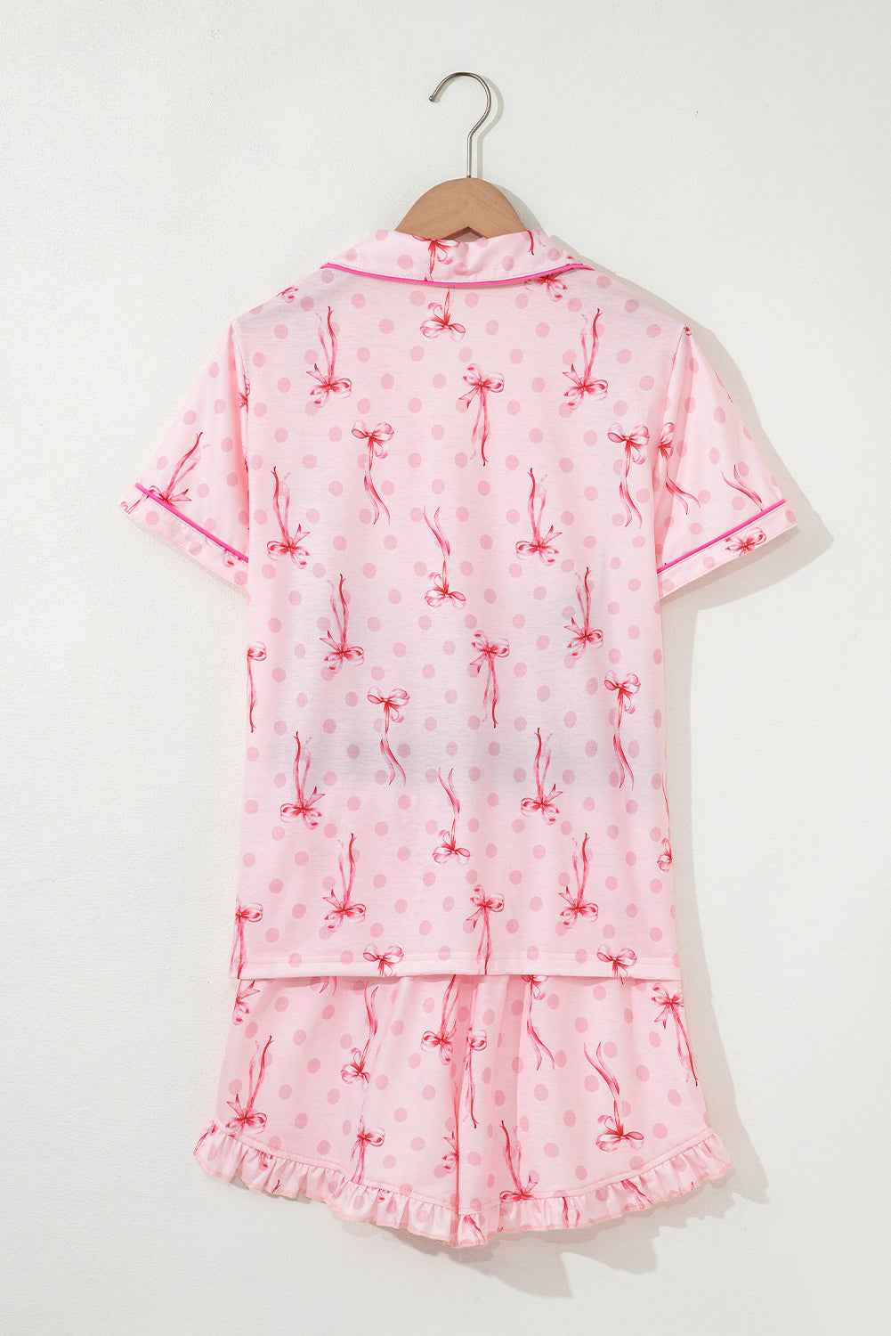 Pink Bow Print Contrast Pipping Short Pajamas Set by Wild and Free Boutique