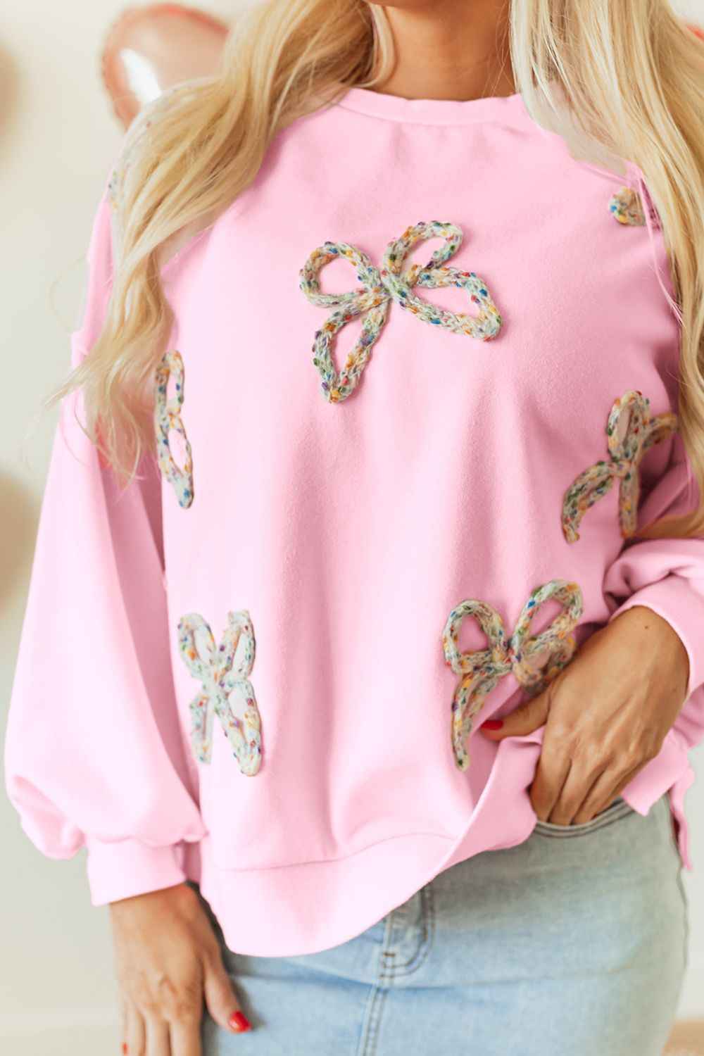 Bow Round Neck Long Sleeve Sweatshirt by Wild and Free Boutique