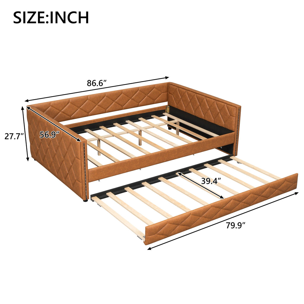 Upholstered Full Long Daybed With Trundle And LED Armrests - Brown by Unique Piece Furniture