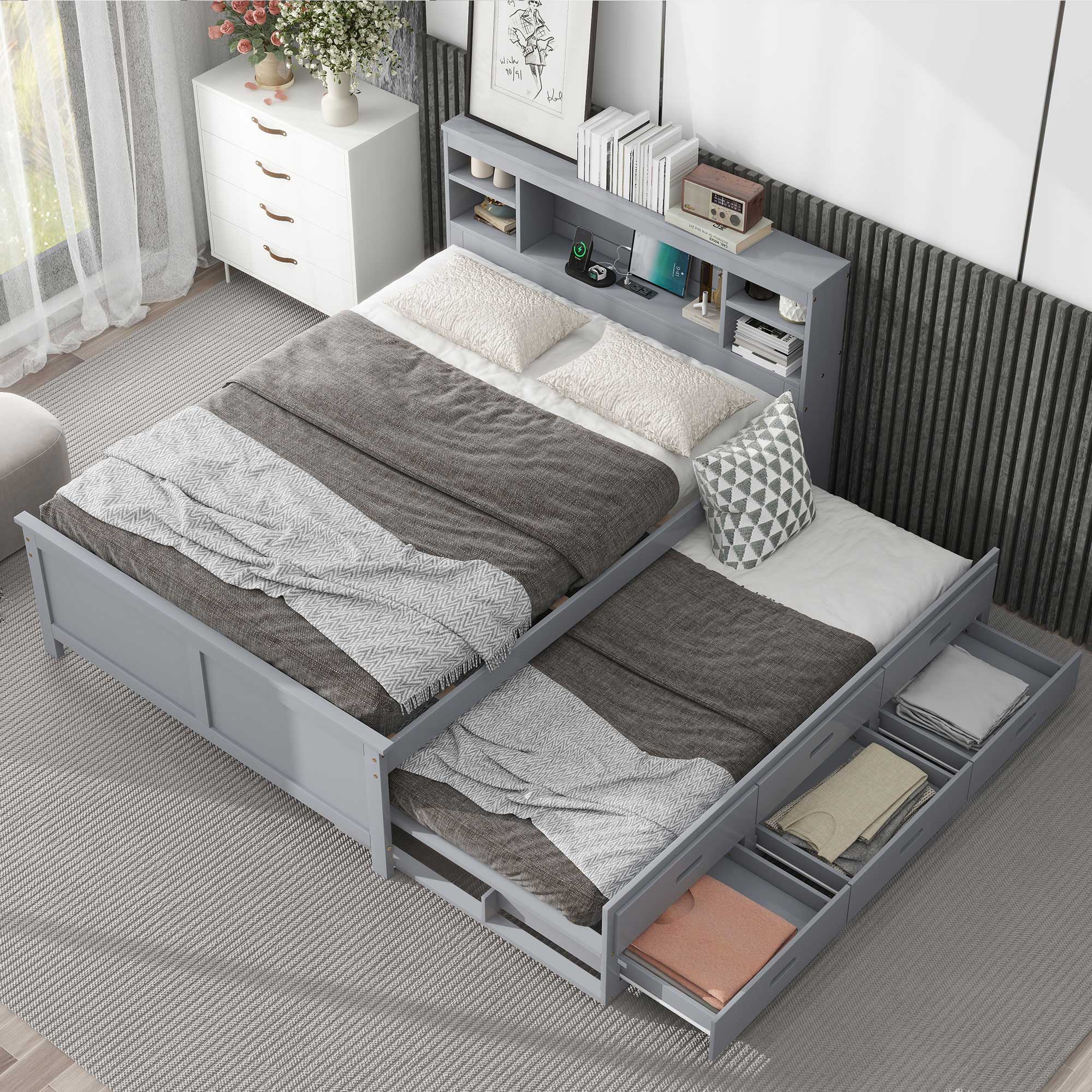 Platform Bed With Storage Headboard, USB, Trundle And 3 Drawers by Unique Piece Furniture