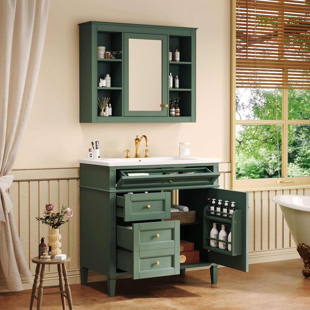 Bathroom Vanity With Mirror Cabinet, Single Sink With 2 Soft Closing Doors And 4 Drawers by Unique Piece Furniture