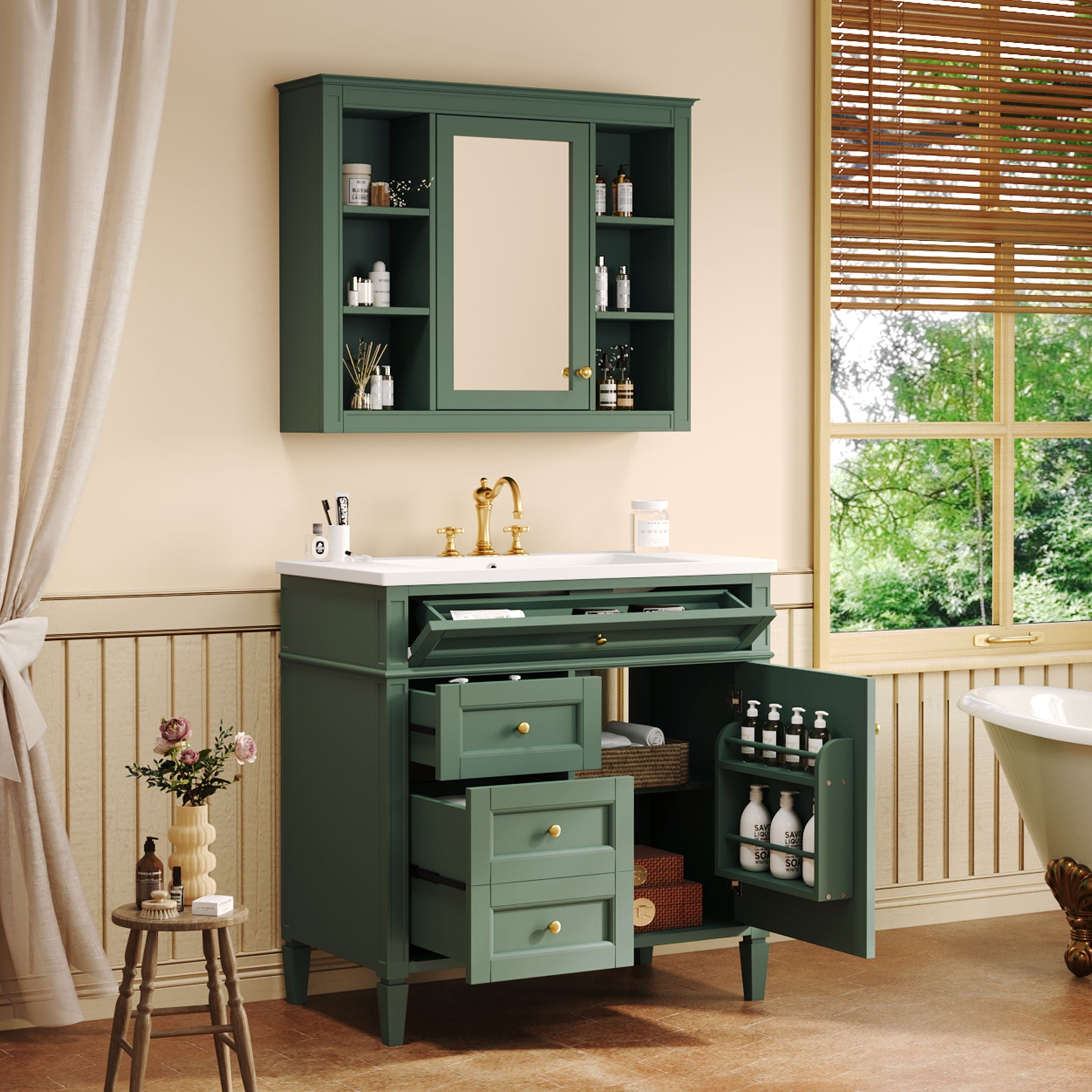 Bathroom Vanity With Mirror Cabinet, Single Sink With 2 Soft Closing Doors And 4 Drawers by Unique Piece Furniture