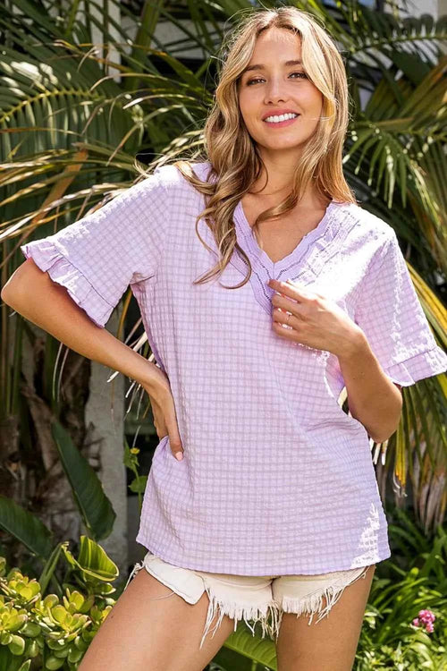 BiBi V-Neck Short Sleeve Blouse by Wild and Free Boutique