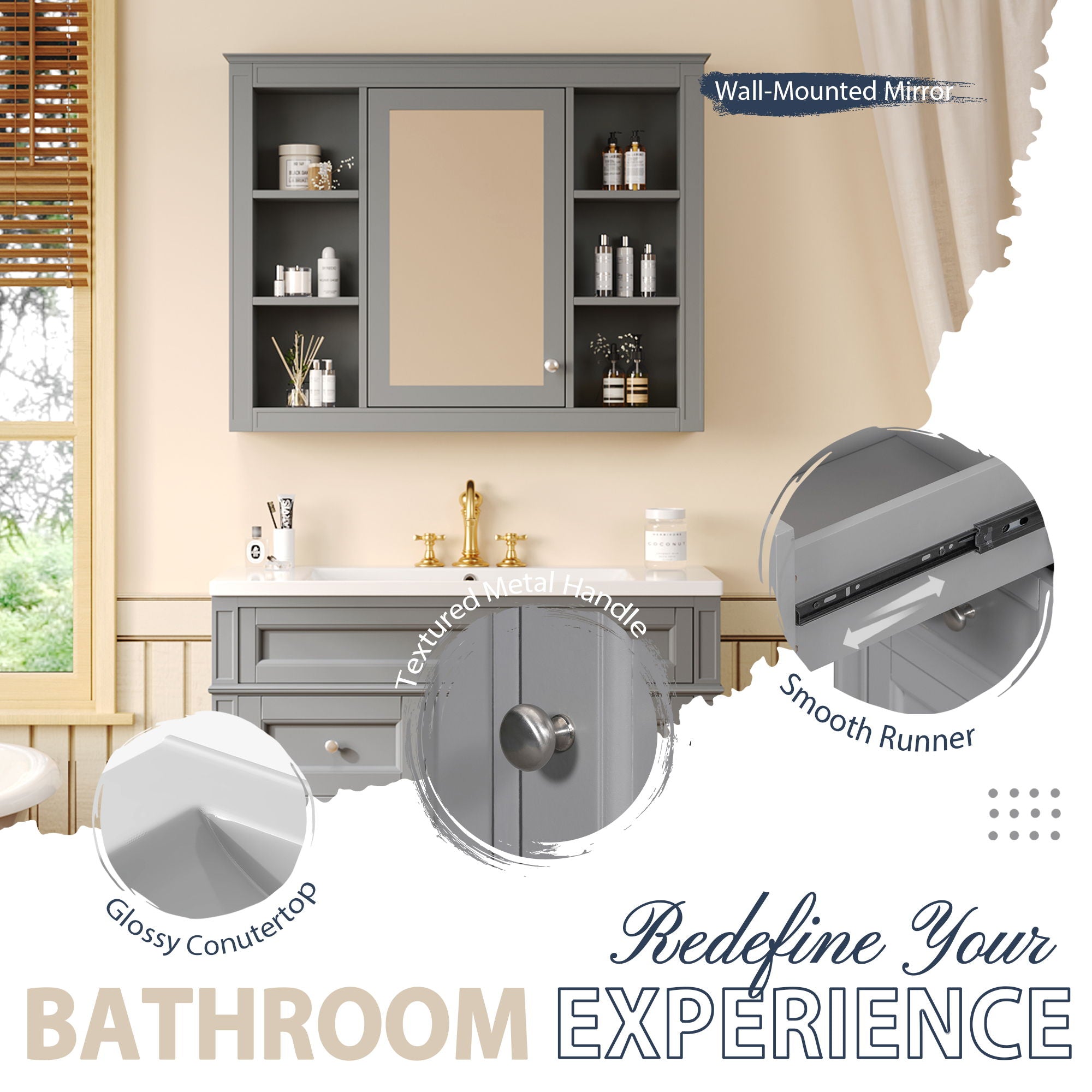 Bathroom Vanity With Mirror Cabinet, Single Sink With 2 Soft Closing Doors And 4 Drawers by Unique Piece Furniture