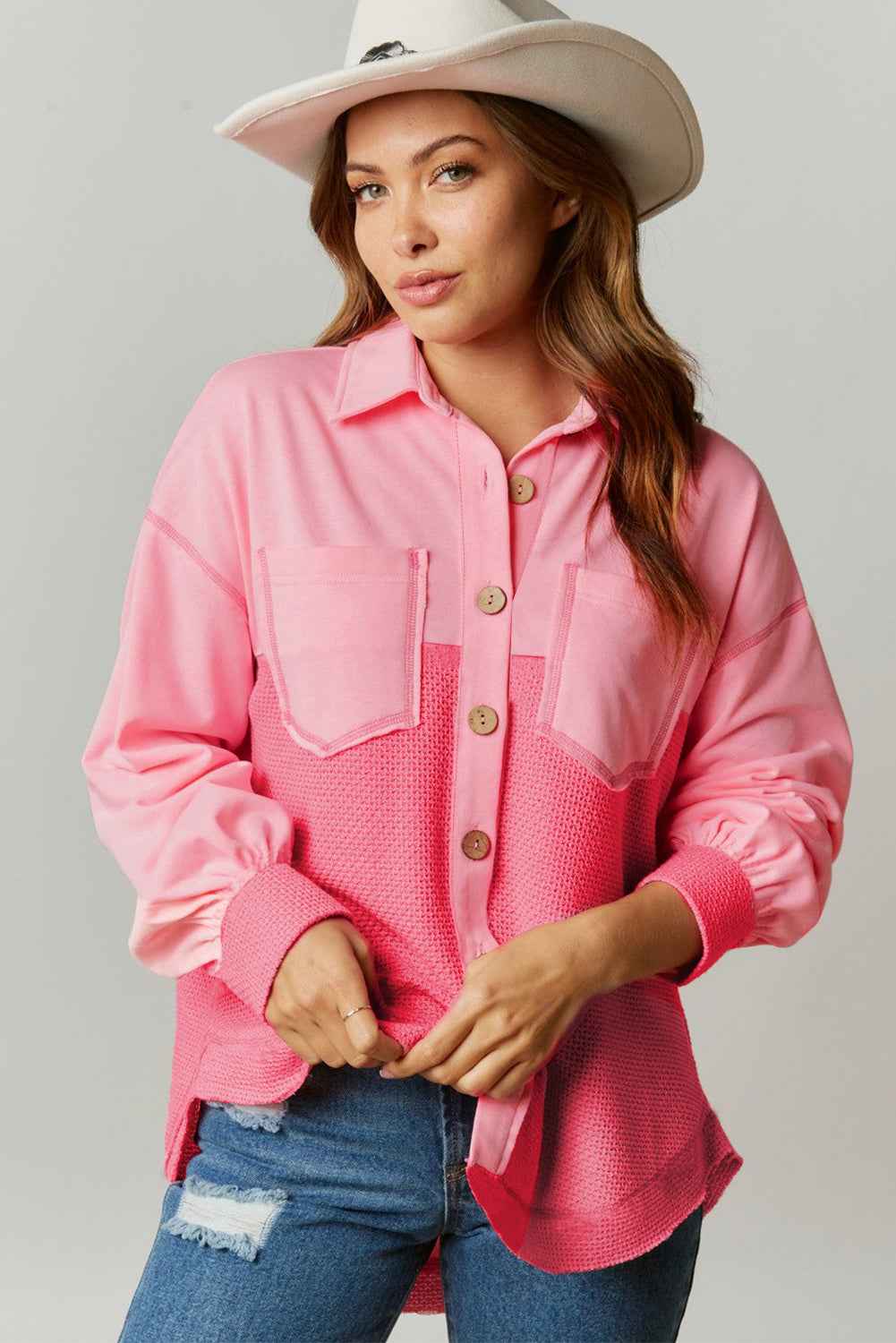 Peach Blossom Two Tone Contrast Waffle Knit Buttoned Loose Shacket by Wild and Free Boutique