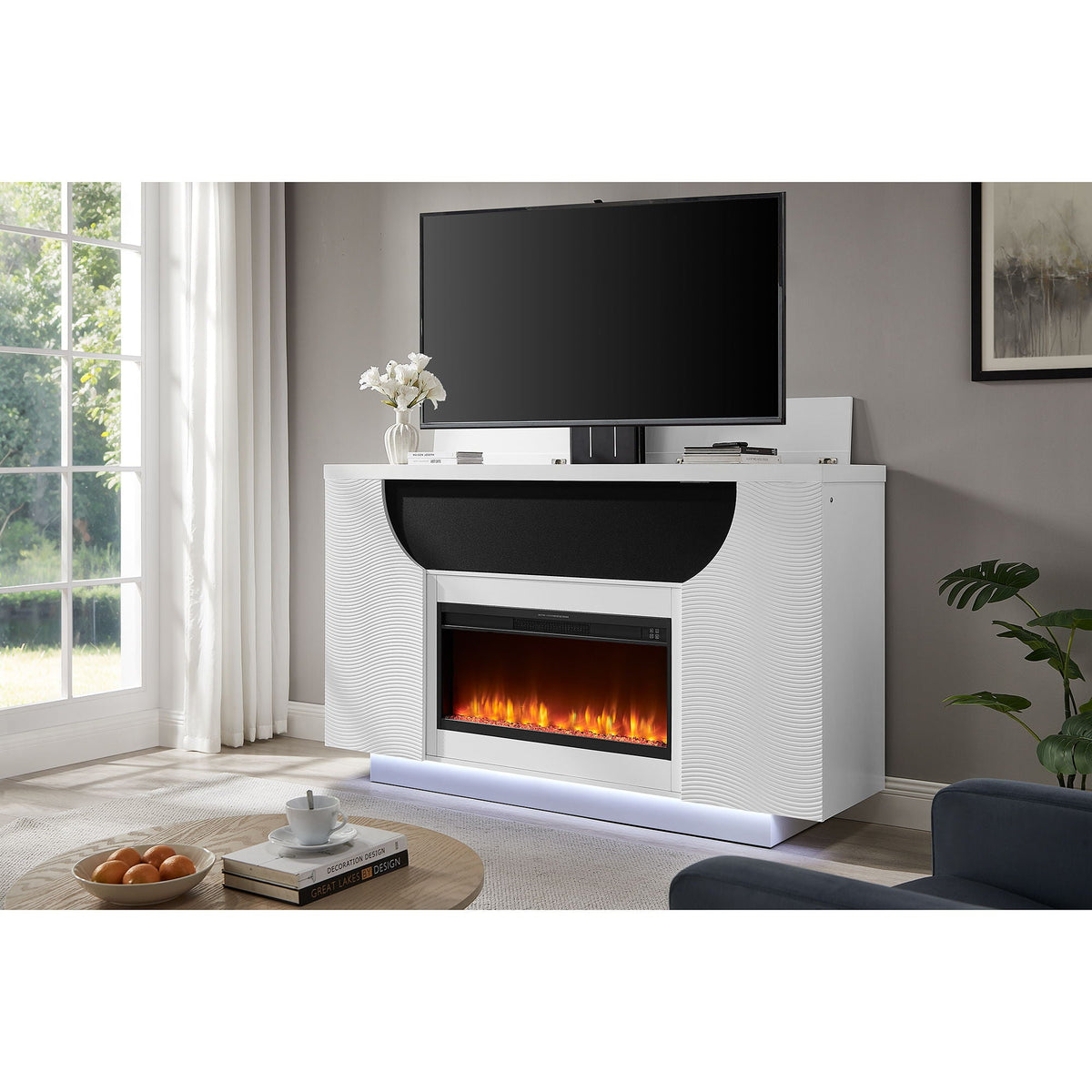 Aurora - Fireplace TV Lift With Adjustable Temperature And LED Colors - White by Unique Piece Furniture