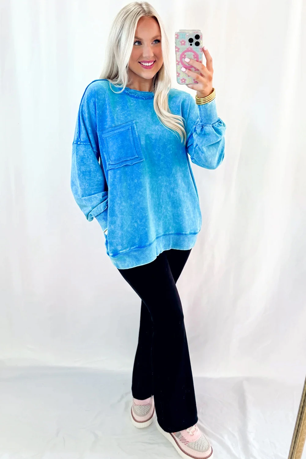Blue Mineral Wash Raw Seam Double Patched Pocket Pullover Sweatshirt by Wild and Free Boutique