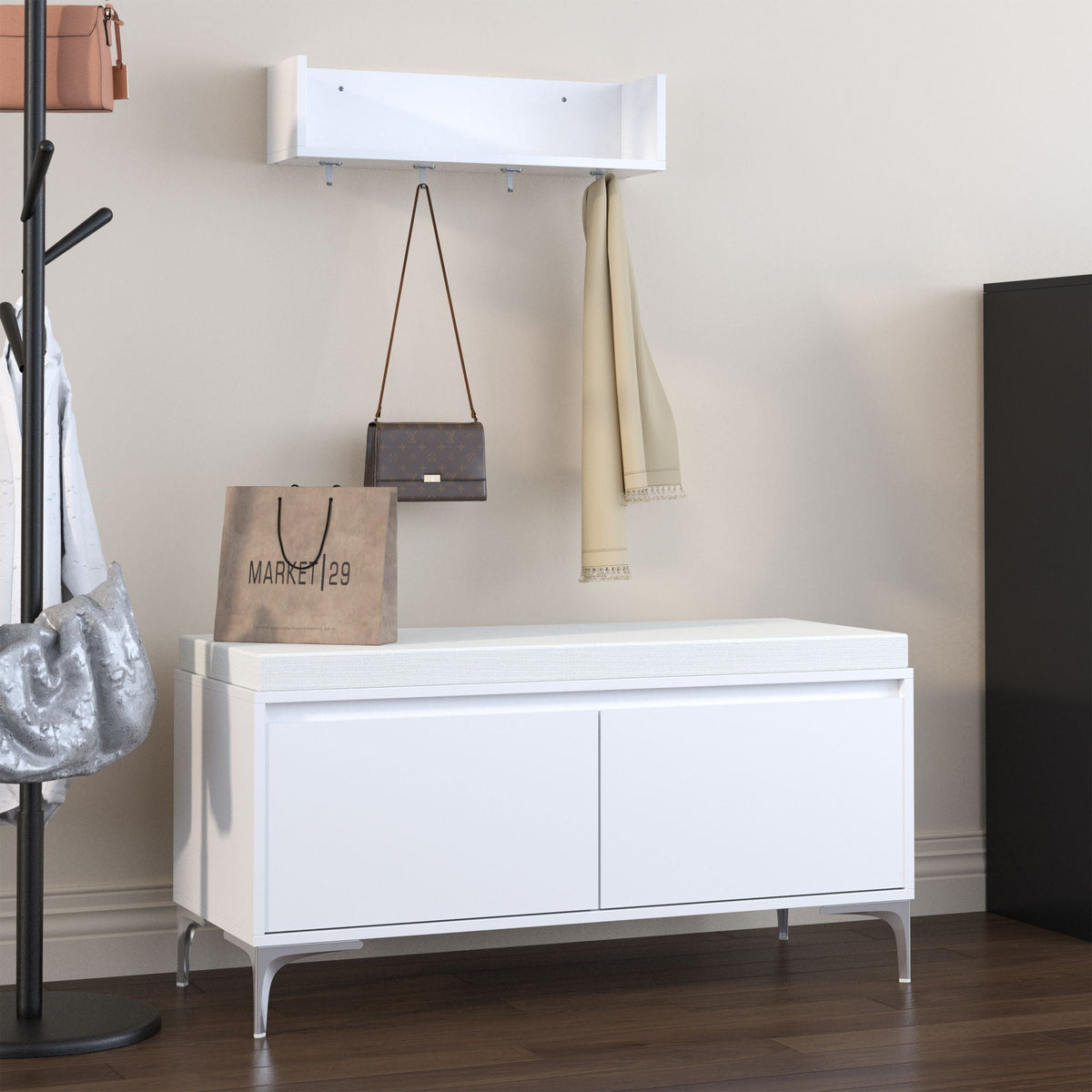 Wall Mounted Entryway Shelf With Hooks And Storage Bench Set - Off White by Unique Piece Furniture