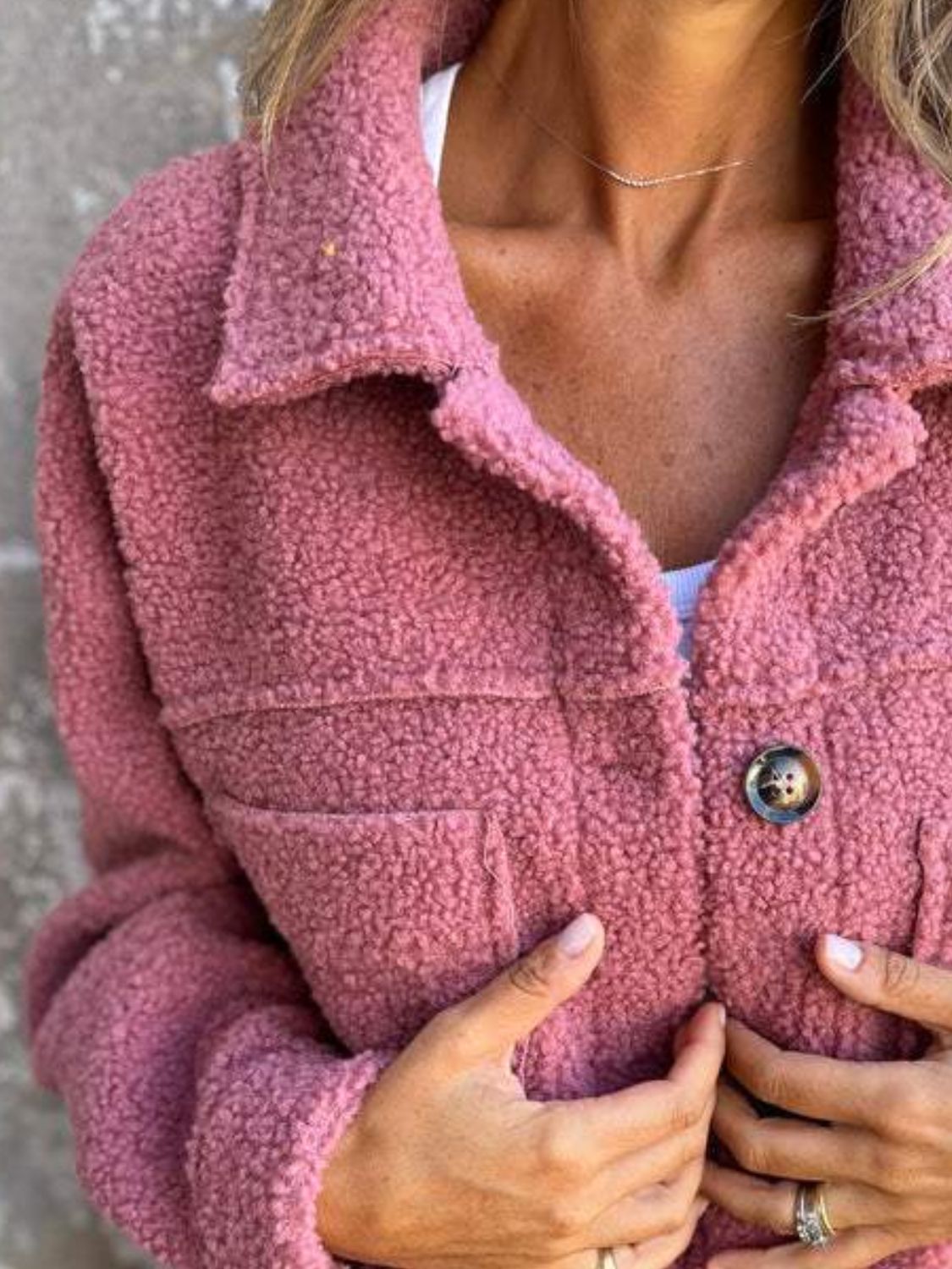 Full Size Fuzzy Button Up Drop Shoulder Jacket by Wild and Free Boutique