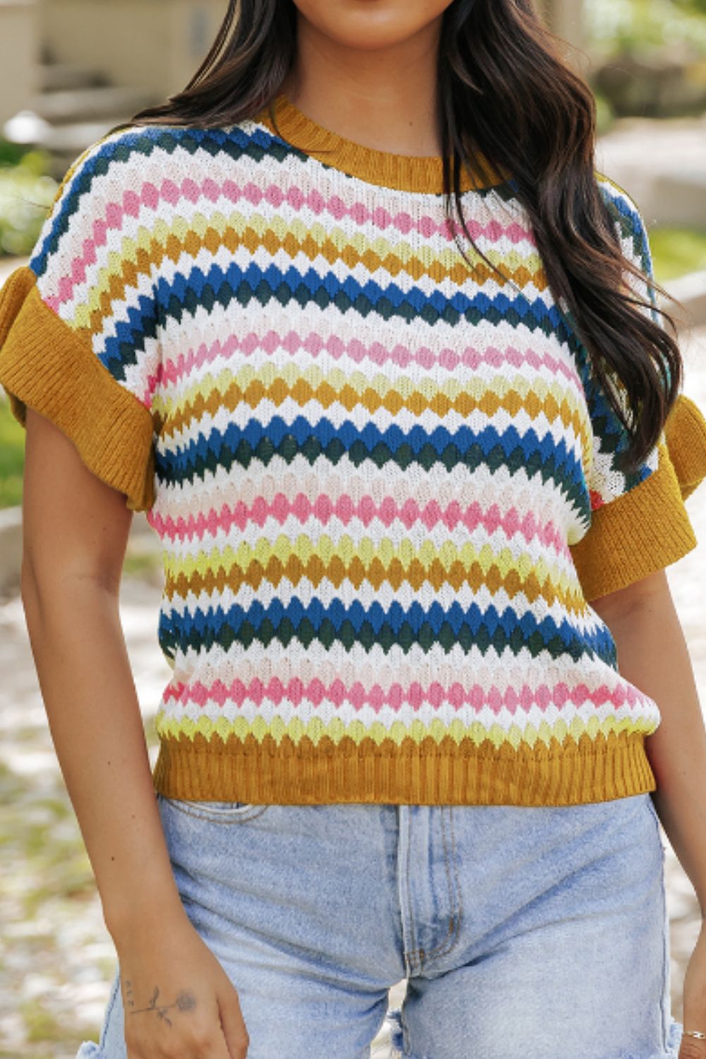 Contrast Round Neck Short Sleeve Sweater by Wild and Free Boutique