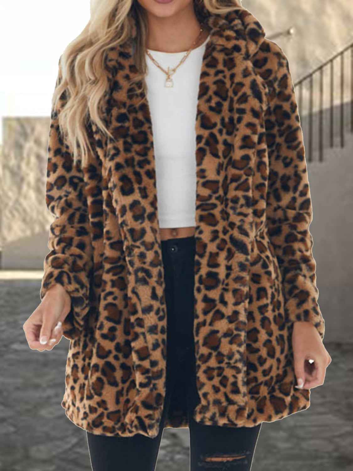 Leopard Collared Neck Coat with Pockets by Wild and Free Boutique