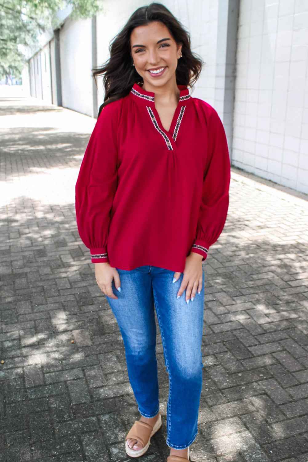 Racing Red Leopard Jacquard Print V Neck Textured Blouse by Wild and Free Boutique