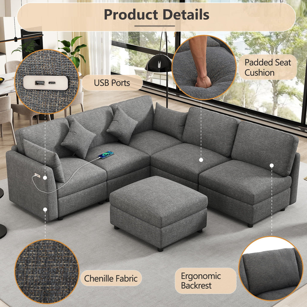 Sectional Sofa Modular U-Shaped With Ottoman & USB Ports by Unique Piece Furniture