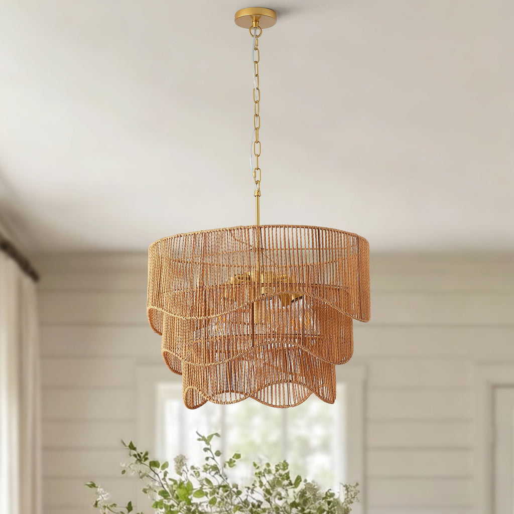 Chandelier With 7 Light E26 Base, Adjustable Height Wave Pendant Light For Living Room - Gold by Unique Piece Furniture