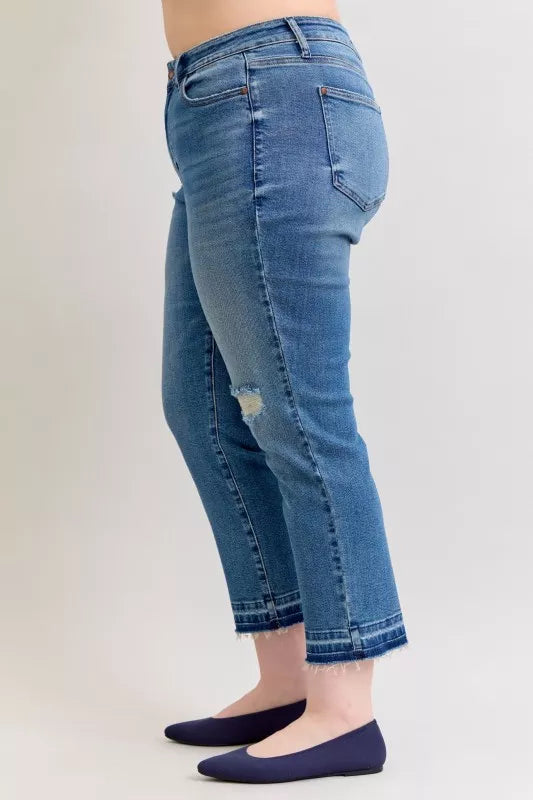 Judy Blue Full Size Mid Rise Bf Patch & Repair Destroy Release Hem Jeans Plus Size by Wild and Free Boutique
