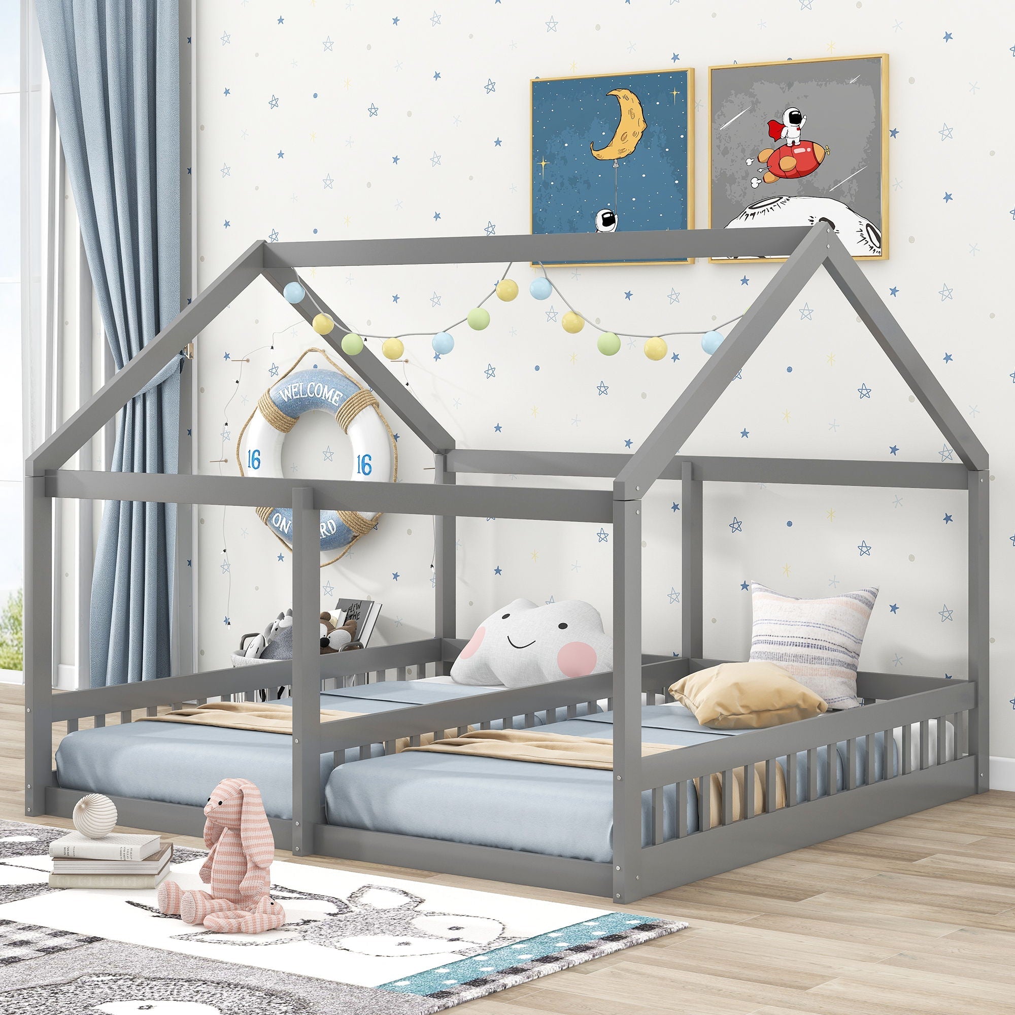 House Platform Beds, 2 Shared Beds, Metal Frame With Guardrails by Unique Piece Furniture