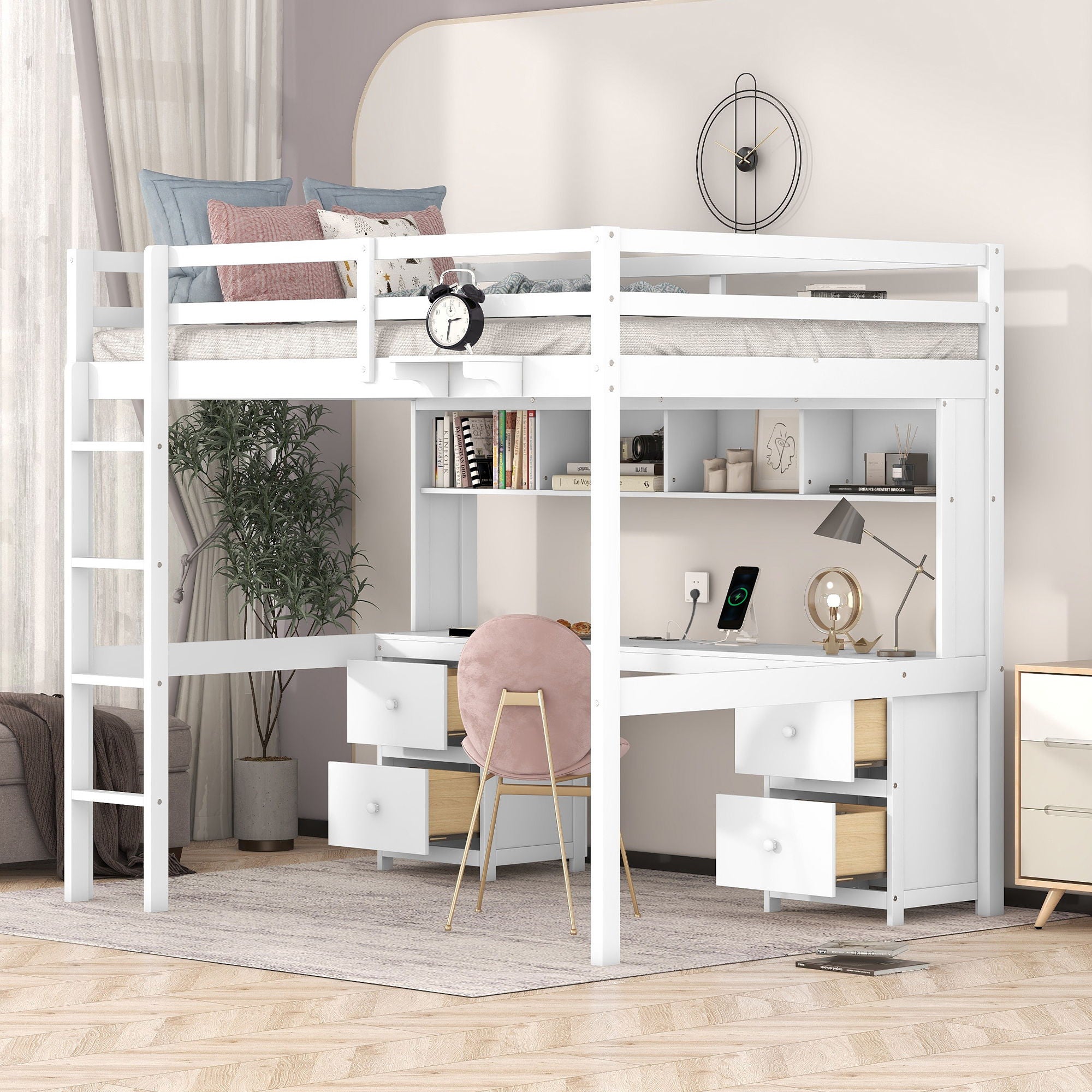 Loft Bed With Desk, Cabinets, Drawers, Charging Station And Bedside Tray by Unique Piece Furniture