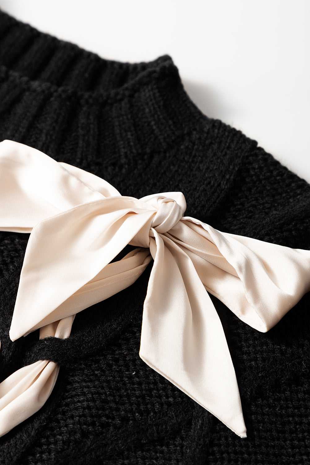 White Cable Knit Colorblock Satin Bowknot Short Sleeve Sweater by Wild and Free Boutique