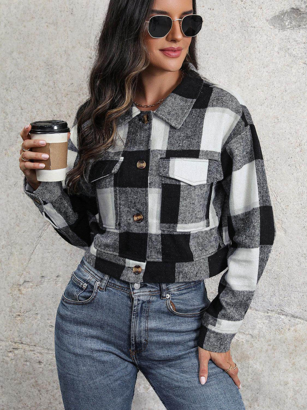 Perfee Plaid Button Up Drop Shoulder Cropped Jacket for Women by Selvanelle