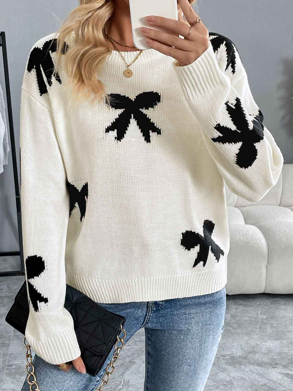 Perfee Bow Graphic Round Neck Long Sleeve Sweater by Wild and Free Boutique