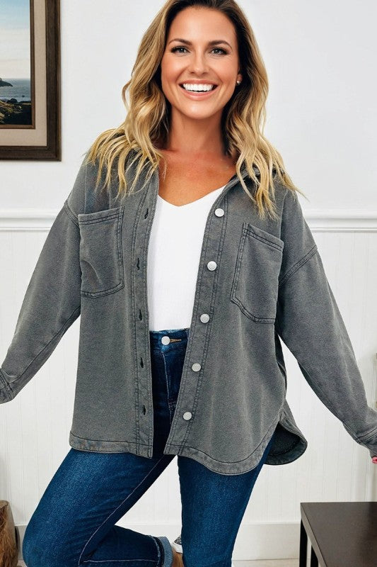 Mineral Wash Chest Pocket Drop Shoulder Shacket by The Diamond Empire LLC