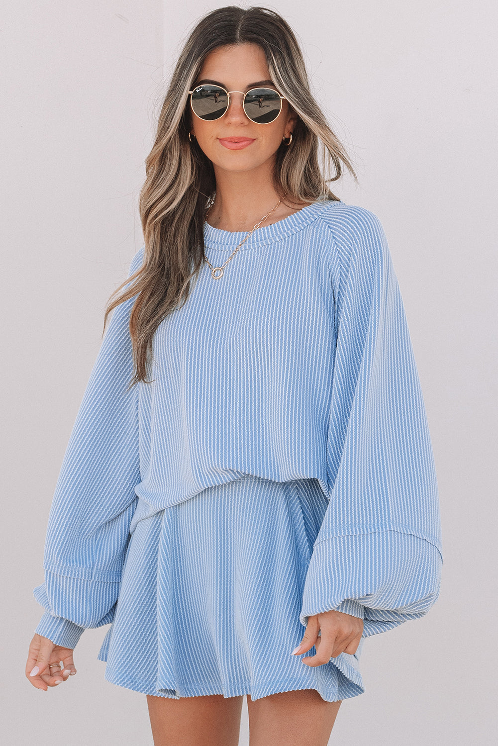 Jet Stream Corded Lantern Sleeve Top High Waist Ruffled Mini Skirt Set by Wild and Free Boutique