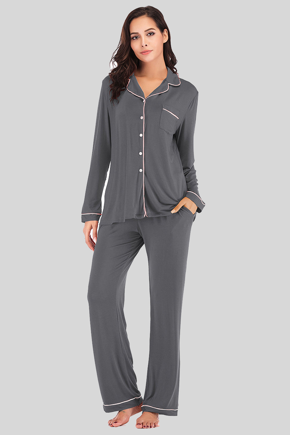 Collared Neck Long Sleeve Loungewear Set with Pockets by Wild and Free Boutique