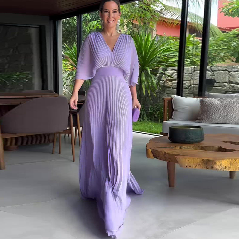 Women's Solid Color And V-neck Bat Sleeve High Waist Dress See size chart under “more details” by The Fashion Celestial