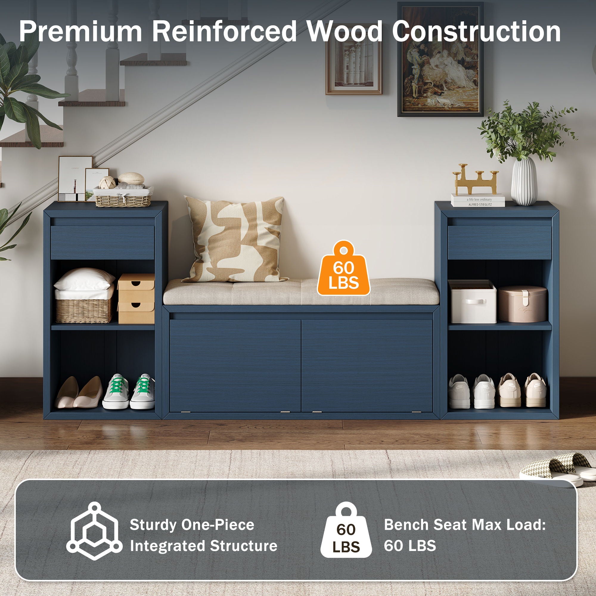 Entryway Storage Bench With Cushion, Drawers & Open Shelves by Unique Piece Furniture
