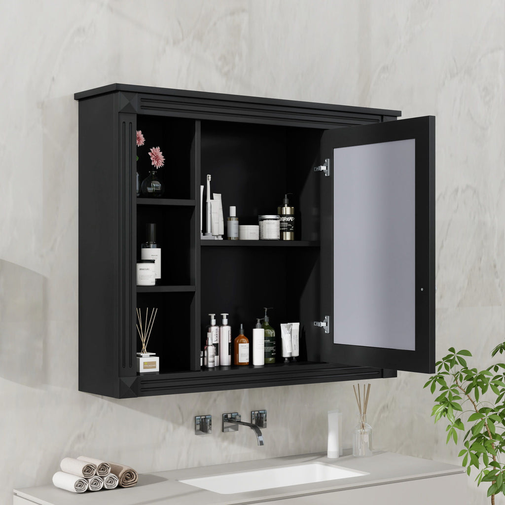 Wall-Mounted Bathroom Storage Cabinet With Mirror, 6 Open Shelves - Black by Unique Piece Furniture
