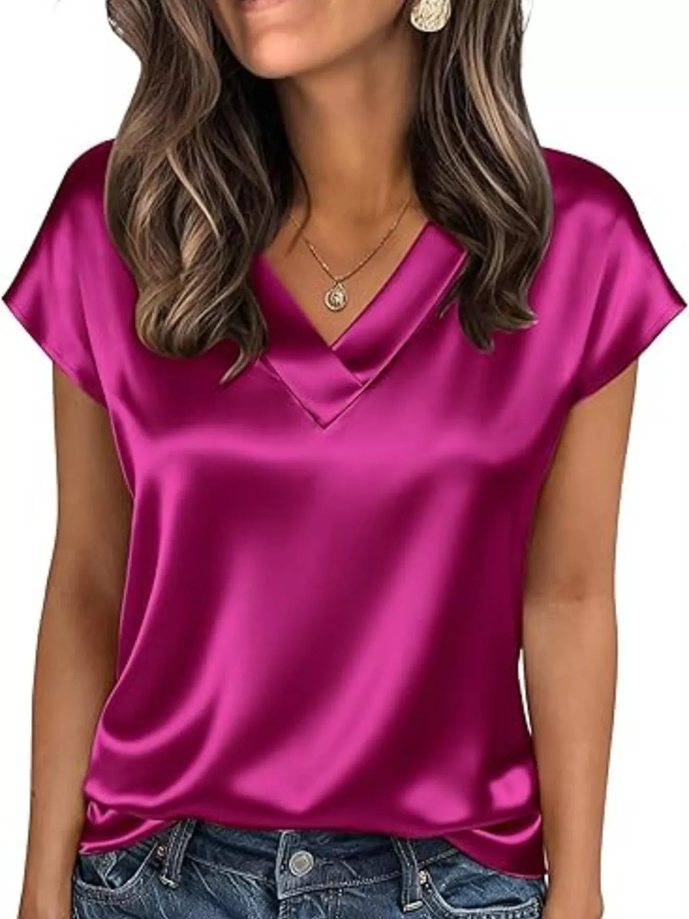 Satin V-Neck Short Sleeve Blouse by Wild and Free Boutique