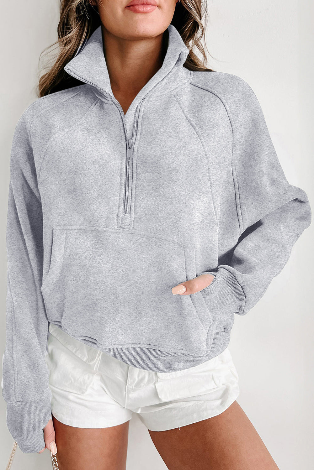 Smoke Green Quarter Zip Stand Neck Kangaroo Pocket Sweatshirt by Wild and Free Boutique