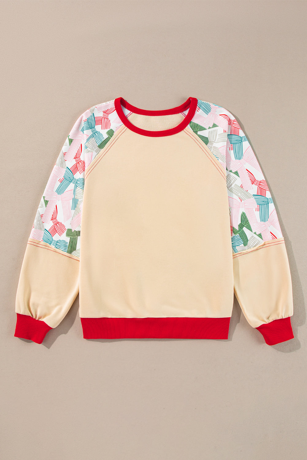 Beige Bowknot Printed Patchwork Raglan Sleeve Colorblock Edge Top by Wild and Free Boutique