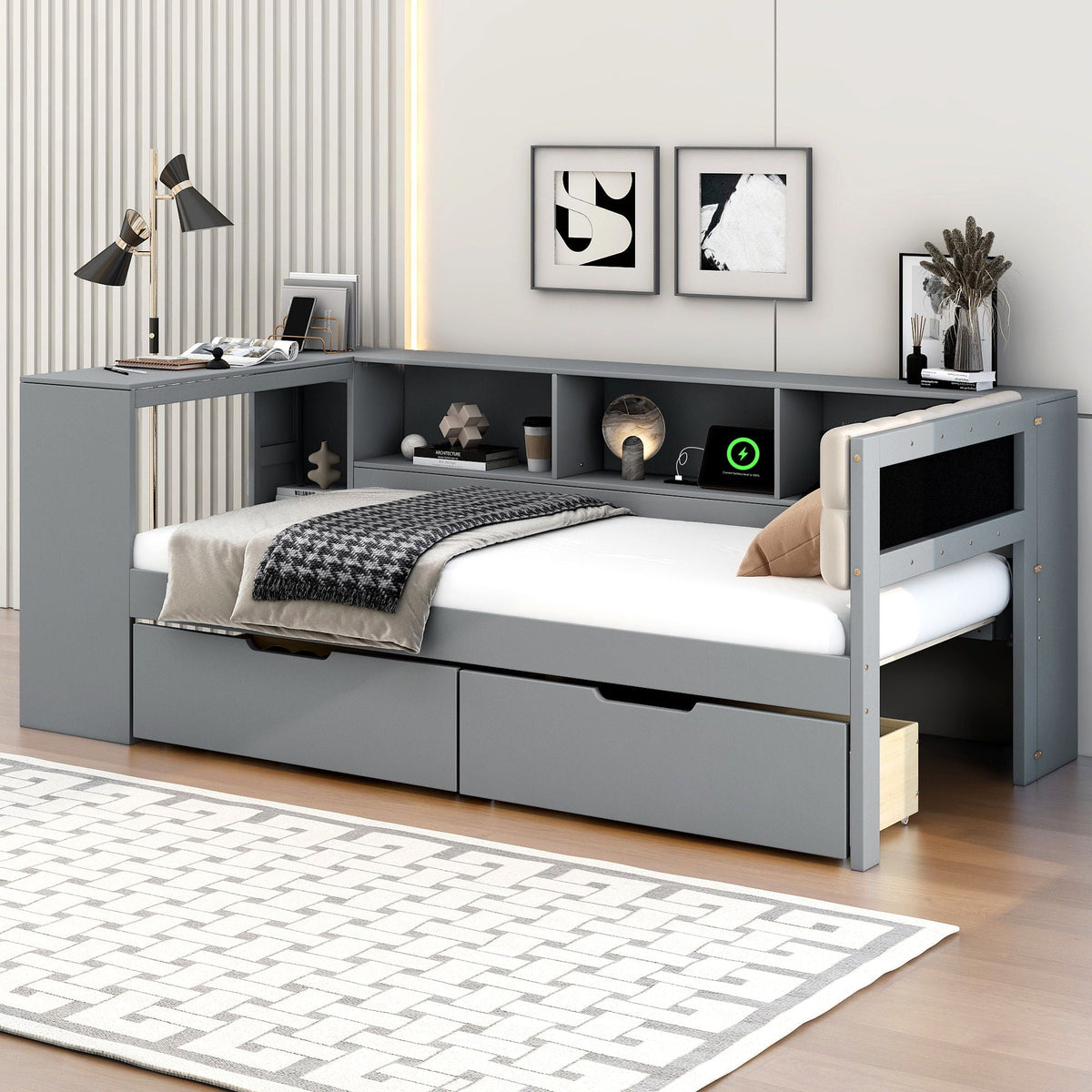 Upholstered Headboard Platform Bed With Storage Shelves, Drawers, Charging Station by Unique Piece Furniture