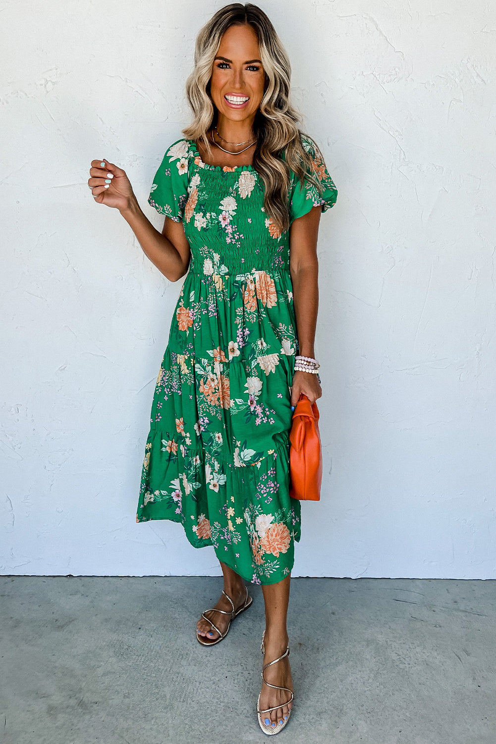 Green Floral Print Bubble Sleeve Smocked Tiered Midi Dress by Dear-Lover Dropshipping