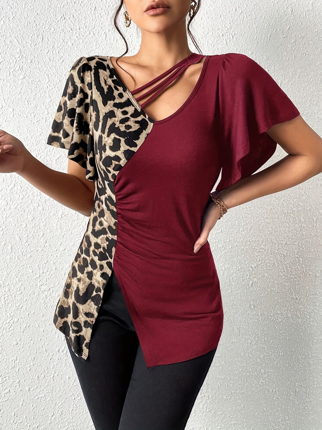 Ruched Leopard Flutter Sleeve T-Shirt by Wild and Free Boutique