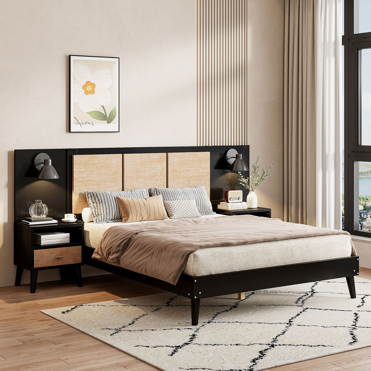 Bed Frame With 2 Nightstands Elegant Design With Lamps by Unique Piece Furniture