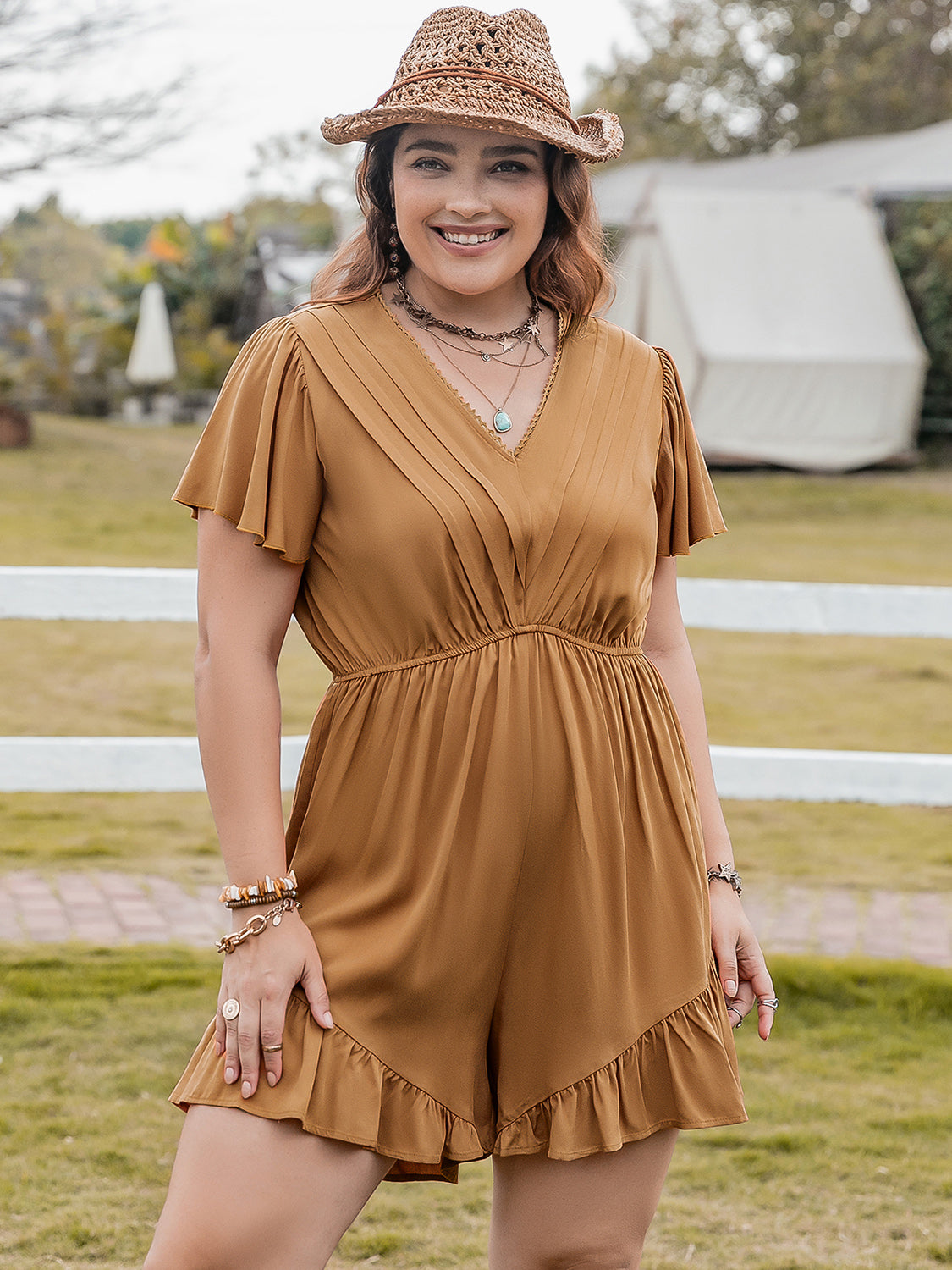 Plus Size Ruffled V-Neck Short Sleeve Romper by Wild and Free Boutique