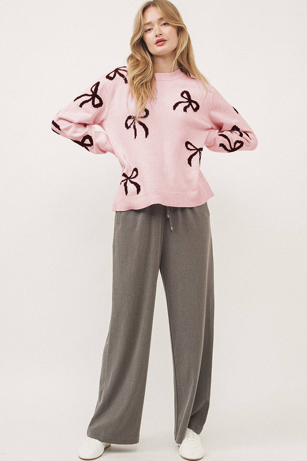 Light Pink Bow Pattern Knitted Loose Fit Sweater by Wild and Free Boutique