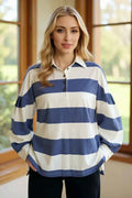Oh Pima Cotton Wash Wide Striped Collared Neck Long Sleeve Top by Wild and Free Boutique