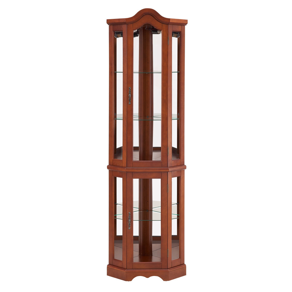 Corner Curio Cabinet With Lights, Adjustable Tempered Glass Shelves, Mirrored Back, Display Cabinet (E26 Light Bulb Not Included) - Walnut by Unique Piece Furniture