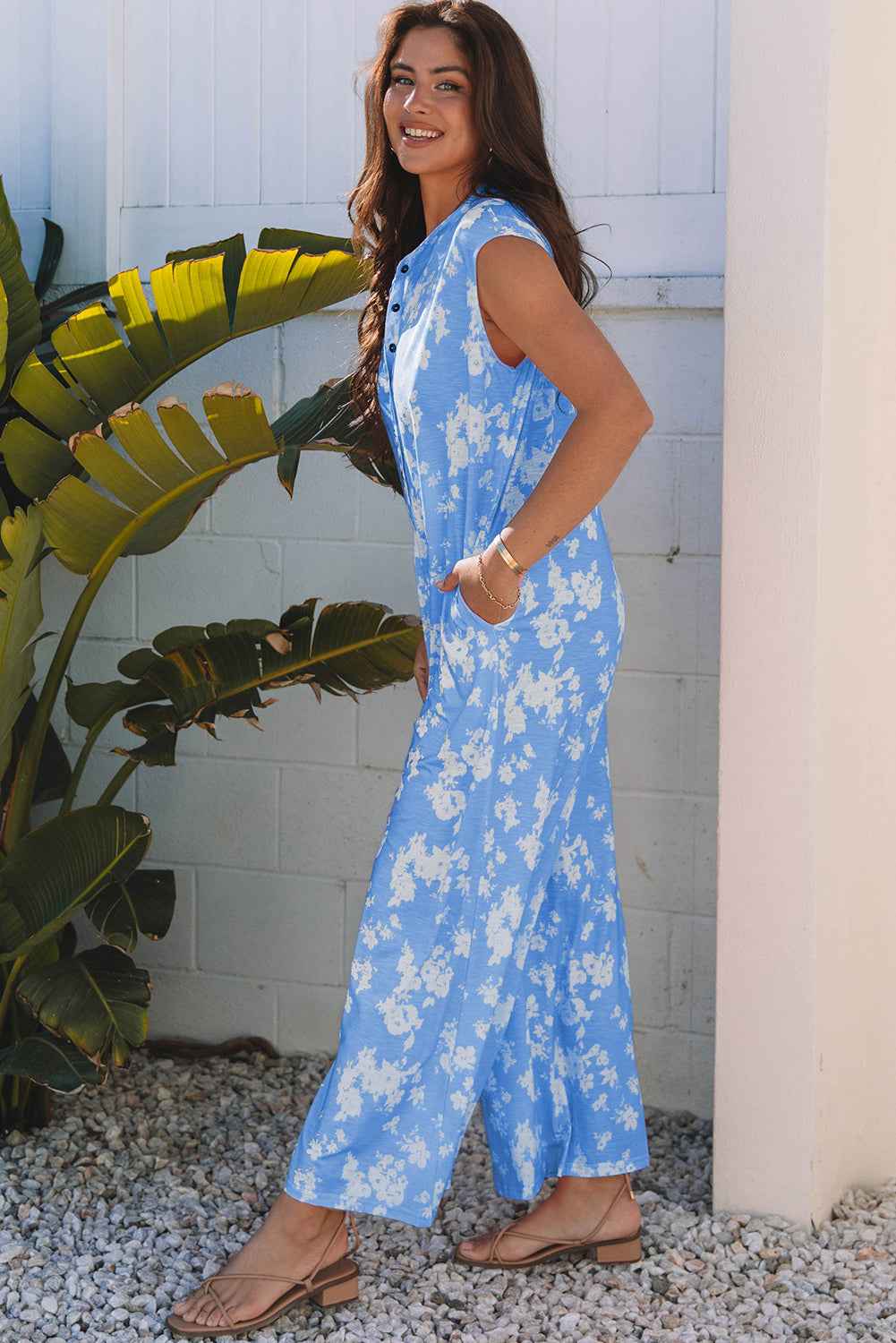 Myosotis Floral Print Half Button Wide Leg Relaxed Sleeveless Jumpsuit by Dear-Lover Dropshipping